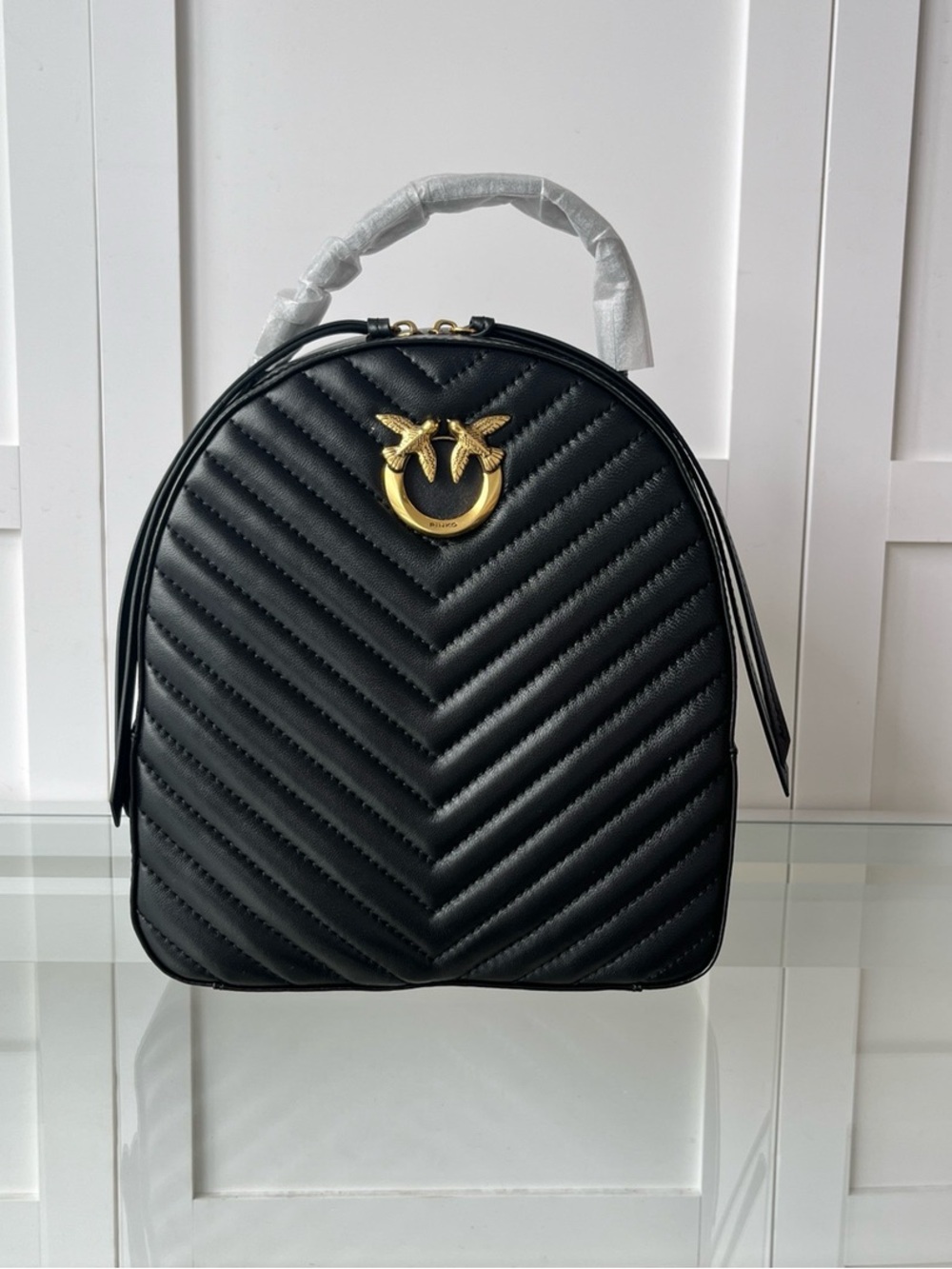 Pinko Black Quilted Backpack with Gold Bird Ring